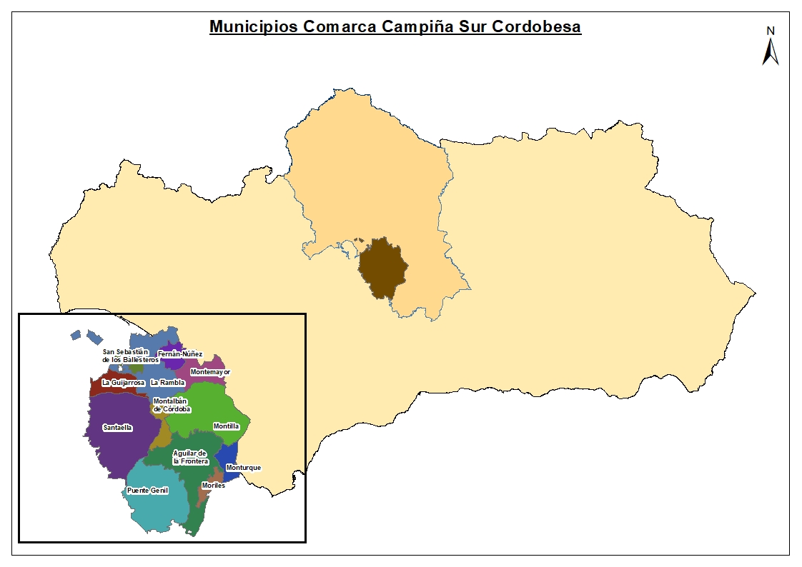 Mapa de los municipios de la comarca de Campiña Sur de Córdoba